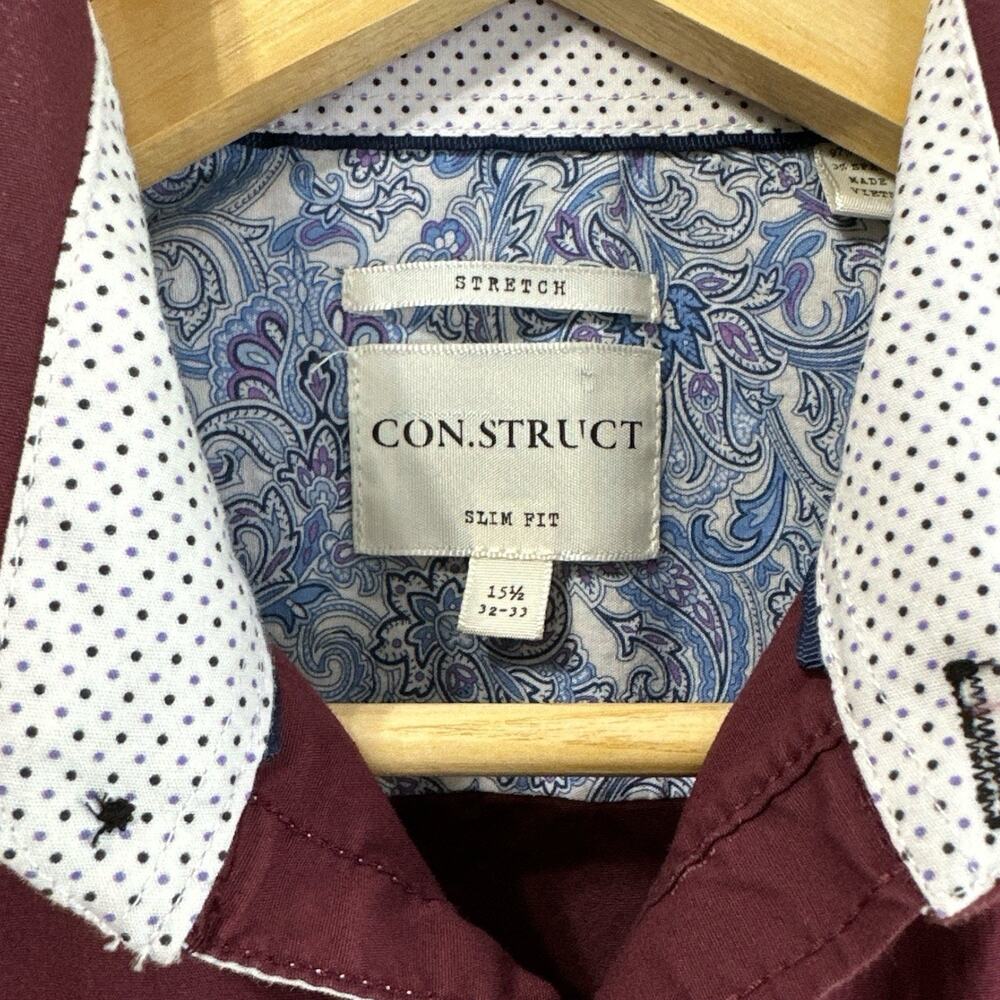 CON.STRUCT Shirt Men’s Size‎ 15.5 Neck 32-33 Burgundy Button Down Paisley - Picture 2 of 6